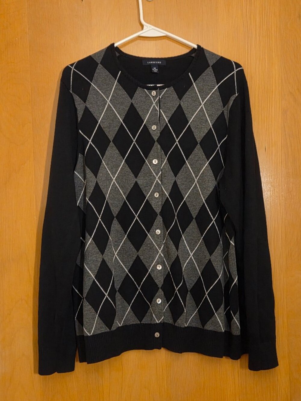 Y2K Lands End Crew Neck Argyle Cardigan Sweater Womens 1X Black Gray 100% Cotton